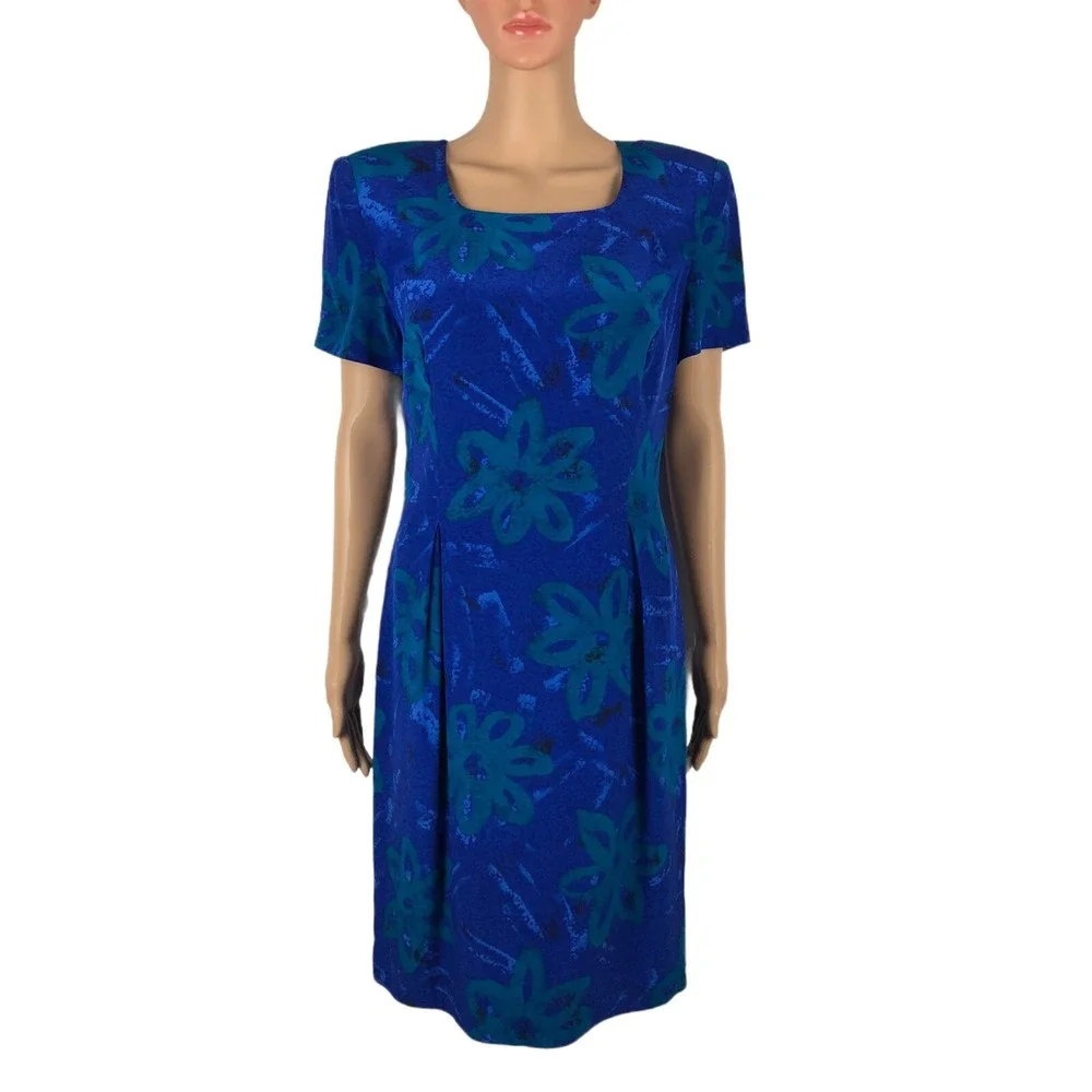 Maggy London Womens 10 Dress 100% Silk Blue Floral Vintage Shoulder Pads EUC